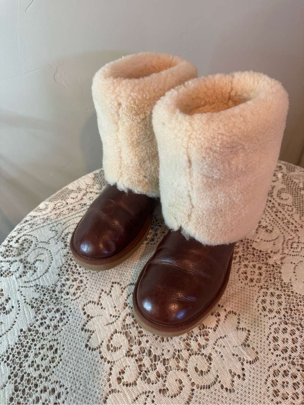 UGG Chestnut Leather Boot with Cream Shearling